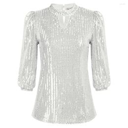 Women's T Shirts Women Sequined Top 3/4 Sleeve T-shirts Party Club Wear Shiny Clothes Stage Performance Costume Female Front Hollow Out