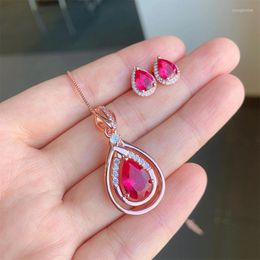 Dangle Earrings Red Water Droplet Crystal Pendant Necklace Hollow Earring Jewelry Set Crown For Women High Quality Rose Gold Wedding