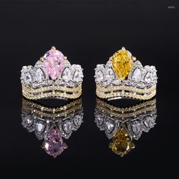 Cluster Rings Retro S925 Sterling Silver Yellow Water Droplet Pink Crystal Crown Luxurious Wedding Ring 2023 Trend Luxury Woman Jewellery