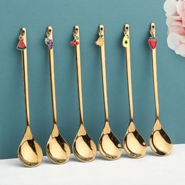 Stainless Steel Coffee Scoops Stirring with Fruit Pendant Coffee Mixing Spoon Dessert Table Decor Party Gift Kitchen Tool RRC619