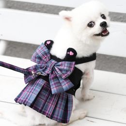 Dog Collars Pet Plaid Dress With Chest Strap Traction Rope Harness And Leash Set For Small Cat Bow-knot College Style Walking
