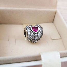 925 Sterling Silver In My Heart Bead with Synthetic Red Ruby Cz Fits European Pandora Jewelry Charm Bracelets