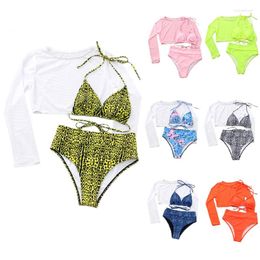 Women's Swimwear 40GC Women Sexy 3 Pieces Bikini Swimsuit Set Halter Bra High Waist Thong With Mesh Long Sleeve Crop Top Solid Color