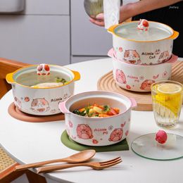 Bowls Cute Cartoon Pattern Ceramic Ramen Soup Salad Noodle Bowl With Glass Lid Home Tableware Creative Kitchen Container