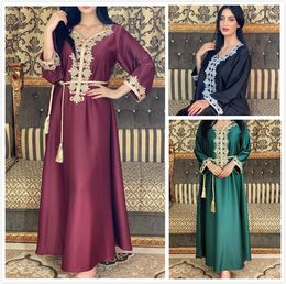 Ethnic Clothing Middle East Dubai Embroidered Gold Lace Jalabiya Dress Abaya Muslim Girl Arab Slim