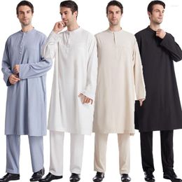 Ethnic Clothing Muslim Men Jubba Thobe Long Sleeve Solid Colour Robes Pants Suits Islamic Arabic Kaftan 2 Pieces Pakistan Dubai Saudi Abaya