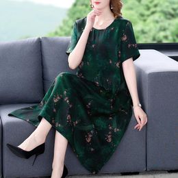 Casual Dresses Fashion Round Neck Floral Silk Dress Women 2022 Summer Loose Tight Over Knee Skirt Elegant Party Long Vestidos