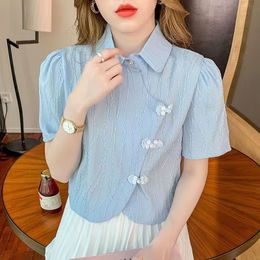 QNPQYX New Vintage Turndown Collar Short Blouse Women Elegant Chic Retro Buckle Crop Tops Woman National Style Cheongsam Shirts