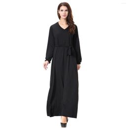 Ethnic Clothing Muslim Saudi Arabia Lady V Neck Long Sleeves Maxi Dress Dubai Abaya Robe Islamic Female Black Solid Color Kaftan Thobe
