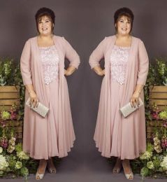 Pink Mother Blush of Bridal Dresses with Jacket Long Sleeves Ankle Length Tulle Lace Scoop Neck Formal Ocn Wear Evening Gowns Plus Size