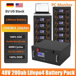 48V 200Ah 10KW LiFePO4 Rack Battery Pack 32 Parellel 102% Capacity 6000 Cycle PC Monitor 200A BMS CAN/RS485 Solar System Energy