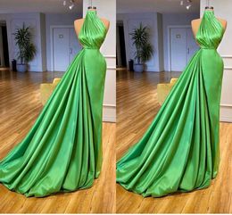 Plus Size Green Mermaid Evening Dresses Backless High Neck Draped Pleats Floor Length Formal Prom Party Celebrity Birthday Special Ocn Gowns Custom