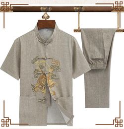 Этническая одежда серая 2022 летнее китайское костюм в стиле мандаринского воротника мужчина Kong Fu Set Set Chort -рукав мужчина повседневная рубашка негабаритная рубашка