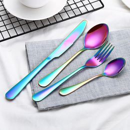 Flatware Sets 4pcs Set Colourful Stainless Steel Cutlery Knife Fork And Spoon Metal Dinner Cultery Table Dining Serving