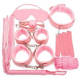 Beauty Items 7PCS/Set Pink And Black BDSM Bed Bondage sexy Toy for Couples Exotic Accessories PU Leather y Handcuffs Whip Rope Products