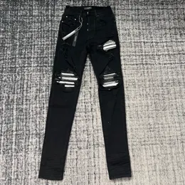Мужские мужские мужские мужские джинсы высококачественные джинсы MX1 - черные/серебристые расстроенные серебряные пятна разорванные джинсовые вышитые мотоциклетные байкеры