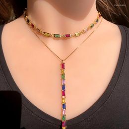 Necklace Earrings Set Luxury Colourful Zirconia Stone Choker Necklaces Jewellery Small Rectangle Long Pendant Gold Colour Bohemia Women Sets