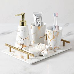 Bath Accessory Set Marble Texture Bathroom Accessories Ceramic Nordic Household Restroom Five Piece Shower Home Decoration