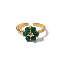 Cluster Rings Youthway Green Natural Stone Sunflower Adjustable Stainless Steel Ring Vintage 18K Gold PVD Plated Finger Trendy Jewellery