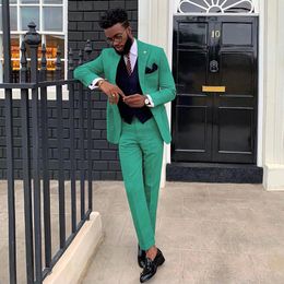 Green Groomsmen Wedding Tuxedos Slim Fit Mens Suits 3 Pieces Sets Blazers Peaked Lapel Formal Suit With Jacket Vest And Pants