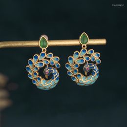 Stud Earrings Original Chinese Style Retro Hanfu Cheongsam Accessories Enamel Porcelain Peacock For Women Natural Chrysoprase Jewellery