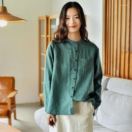 Women's Blouses Johnature Women Vintage Linen Shirts And Tops Long Sleeve Button Pockets Autumn 2022 Solid Colour Loose Female