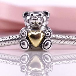 925 Sterling Silver Bear My Heart with Gold Plated Heart Bead Fits European Pandora Jewelry Charm Bracelets