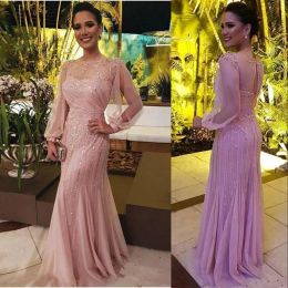 2023 Pink Mermaid Evening Dresses Sequins Long Sleeves Beaded Designer Scoop Neck Floor Length Custom Made Formal Ocn Wear Arabic Prom Gown Vestidos 403 403