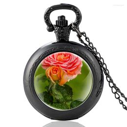 Pocket Watches Pretty Rose Flowers Design Black Vintage Quartz Watch Pendant Clock Men Women Charm Glass Dome Necklace Gifts