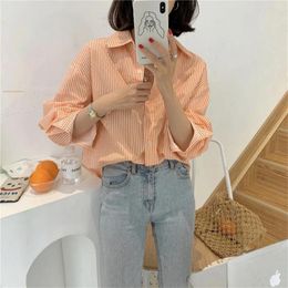 Women's Blouses EWSFV 2022 Summer Loose Looking Vertical Stripe Long Sleeve Thin Suit Collar Blouse For Women Button Up Shirt