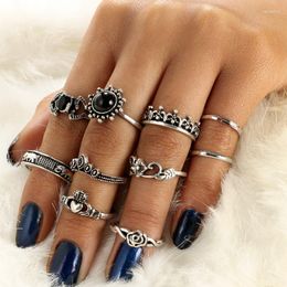 Cluster Rings 10 Pieces Metal Crown Flower Elephant Pattern Female Silver Color Knuckle Tail Ring For Women 2022 Fashion Jewelry Set
