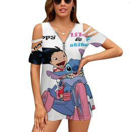 Women's T Shirts Lilo And Happy Friendship Day Women Zipper Sexy Printed Vintage Tops Full Print T-Shirt Funny Fun Ohana 626