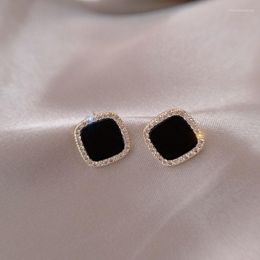 Stud Earrings Korean Fashion Niche Personality Geometric For Women Sparkly Crystal Black Modern Trend Square Earring