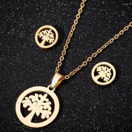 Necklace Earrings Set Stainless Steel Classic Tree Of Life Vintage Jewellery For Women Girls Cute Round Plant Stud