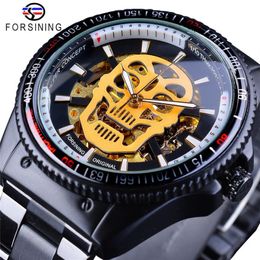 Forsining Steampunk Golden Luminous Skull Black Stainless Steel Skeleton Open Work Mens Automatic Watches Top Brand Clock245J