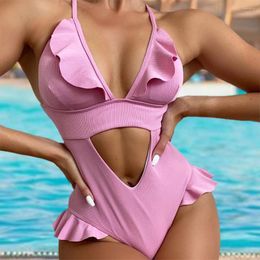 Women's Swimwear Adjustable Shoulder Strap Slim Fit Summer Cut Out Flying Trim Romper Swimsuit Bodysuit