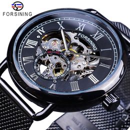 Forsining Classic Black Silver Skeleton Clock Mesh Band Design Waterproof Men's Mechanical Watches Top Brand Luxury Montre Ho2782