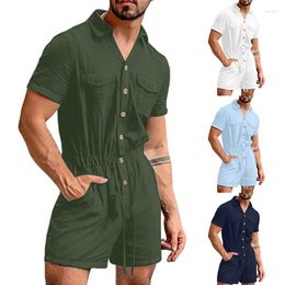 Men's Casual Shirts Solid Colour Romper Shorts Man Print Playsuit Jumpsuits Overall Floral Drawstring Beach Fashion Summer Male Clothes