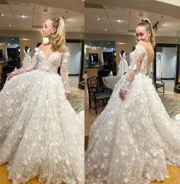 2023 Boho Wedding Dresses Bridal Gown 3D Floral Lace Applique Scoop Neck Long Sleeves Ruched Pleats Sweep Train A Line Custom Made Plus Size vestido de novia