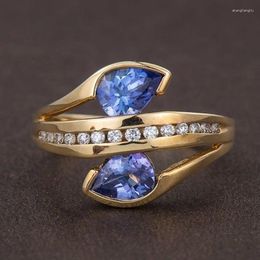 Cluster Rings 2022 Fashion Trend Gold Plated Inlaid Blue Zircon Ring Luxury Geometric Women's Beautiful Party Gift Giving Exclusive