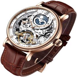 Mens Luxury Skeleton Automatic Mechanical Wrist Watches Leather Moon Phrase Luminous Hands Self-Wind Wristwatch266a