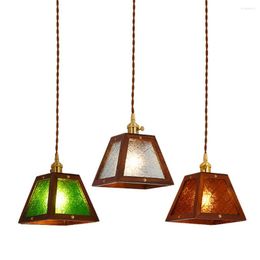 Pendant Lamps American Vintage Light Colored Patterned Glass Wood Antique Loft Fixture Dining Room Hanging Lamp Home Decor Lighting
