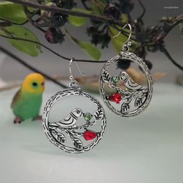 Dangle Earrings Exquisite Retro Inlaid Ruby Hollowed Out Carved Bird Branches And Leaves For Women To Add Charm Temperament