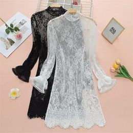 Women's T Shirts Fashion Lace Bottoming Shirt 2023 Women's Spring Summer Belly-Hollowed-Out Long Mesh Top Elegant Sexy Dress For Ladies
