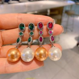 Dangle Earrings Luxury Fashion 14mm Pearl Ruby Emerald Drop For Women Elegant Party Charms Fine Jewelry Wedding Anniversary Friend Gift