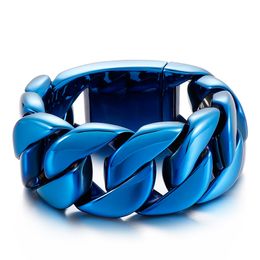 Large Chunky Cuban Curb Chain Bracelet Stainless Steel Bangle Blue Plated Jewellery For Mens 32mm 24cm 9.44inch