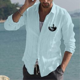Men's Casual Shirts Mens Fashion Simple Cotton And Linen Small Print Lapel T Shirt Long Sleeve Top Plain Colored Baseball Tee