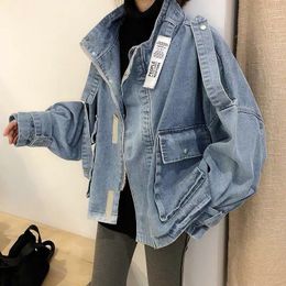 Women's Jackets Women Denim Jacket Stand Collar Boyfriend Style Femme Loose Coat Chic 2 Big Pockets Outfits For 4 Season Jeans Female