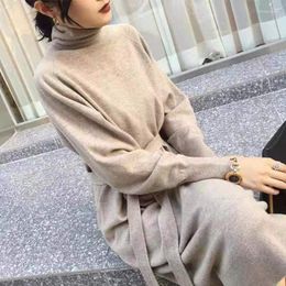 Casual Dresses Turtleneck Knit Sweater Dress Women 2022 Autumn Winter Outfit Cashmere Warm Loose With Belt Tunic Midi Pullover