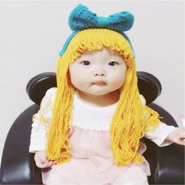 Hats Children Baby Girl Hat Bow Princess Long Hair Wig Cap Winter Warm Woollen Knitted Crochet Kids And Caps Pography Props